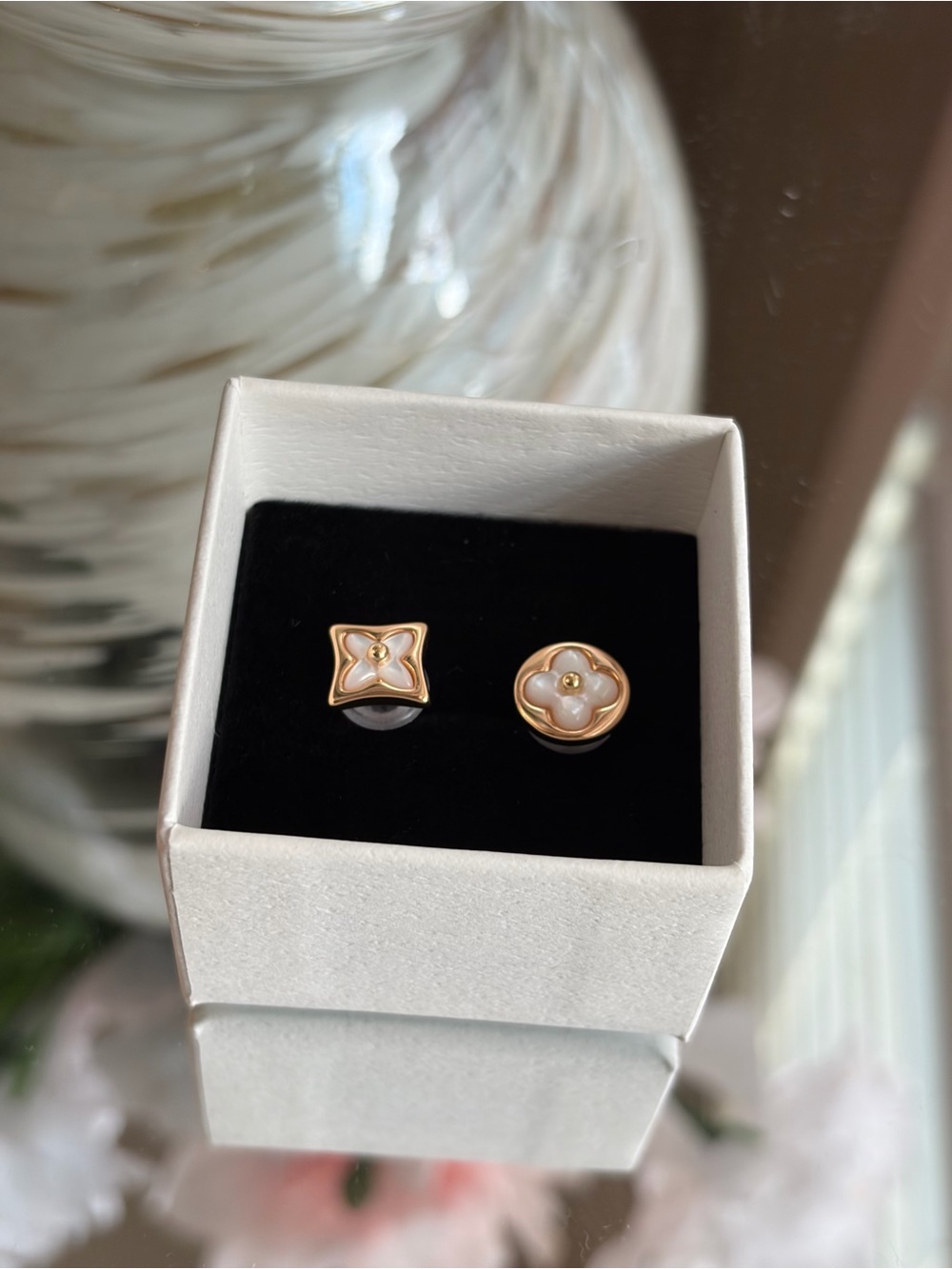 Gold & White Flower Motif Stud Earrings - Elegant Women’s Jewelry